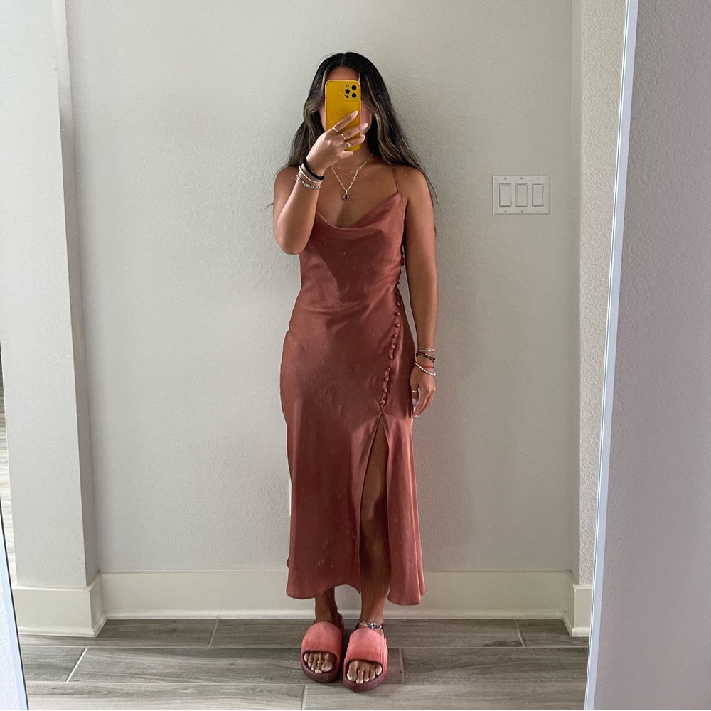 ZARA Satin silky cowl neck midi dress w buttons and slit